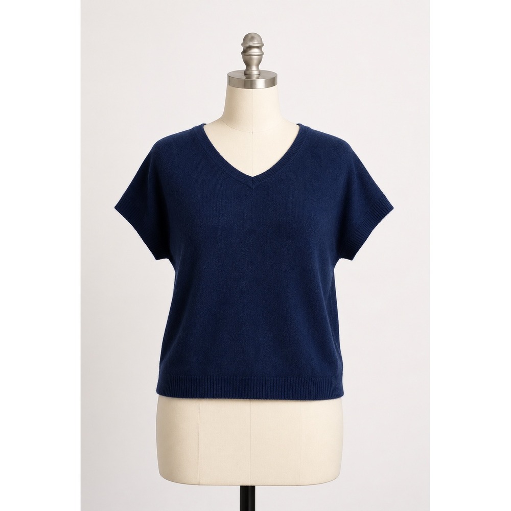 Brodie 100% Cashmere Sweater Tee XS Navy Short Sleeve V-Neck Oversized